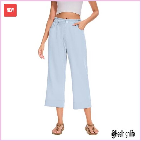 Summer Capri Pants Drawstring Waist Wide Leg Loose Fit Casual Trousers - Picture 5 of 7